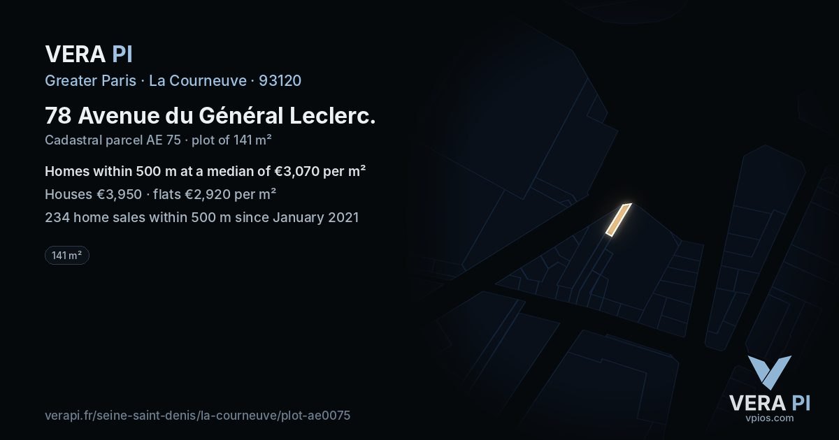 78 Avenue du Général Leclerc, La Courneuve at night – the plot lit, the parcels around coloured by the prices near them