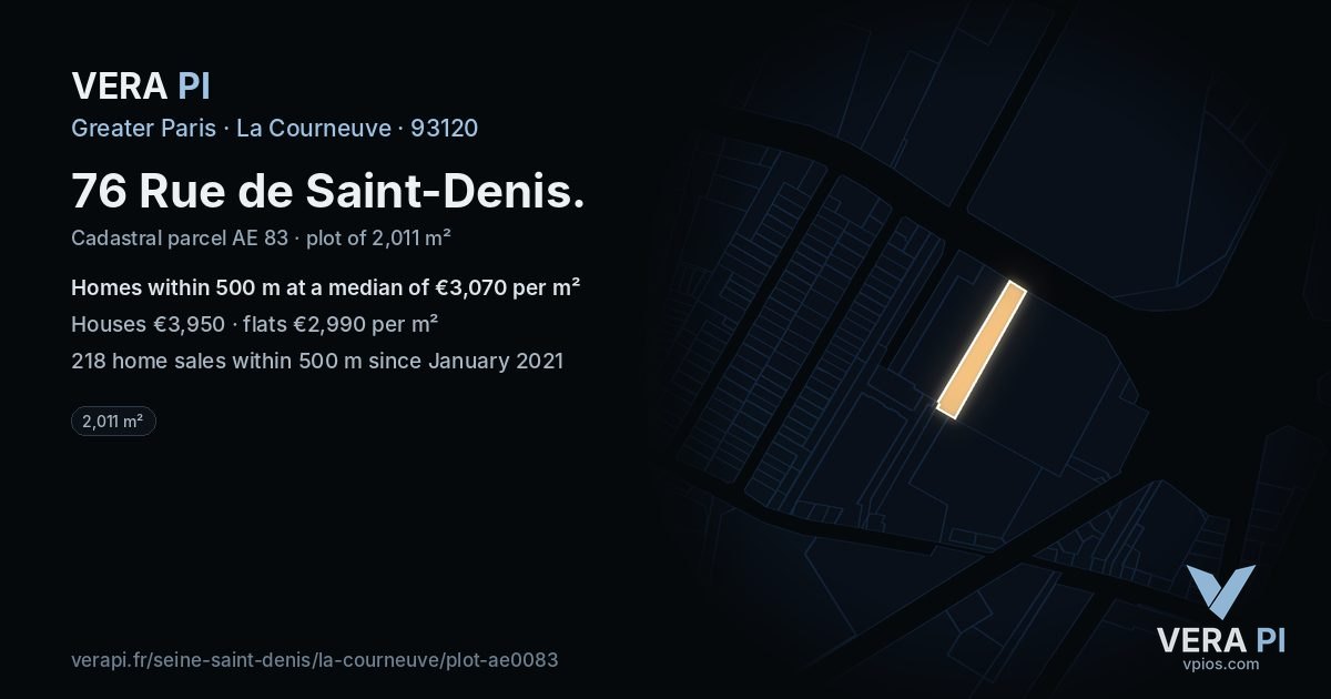 76 Rue de Saint-Denis, La Courneuve at night – the plot lit, the parcels around coloured by the prices near them