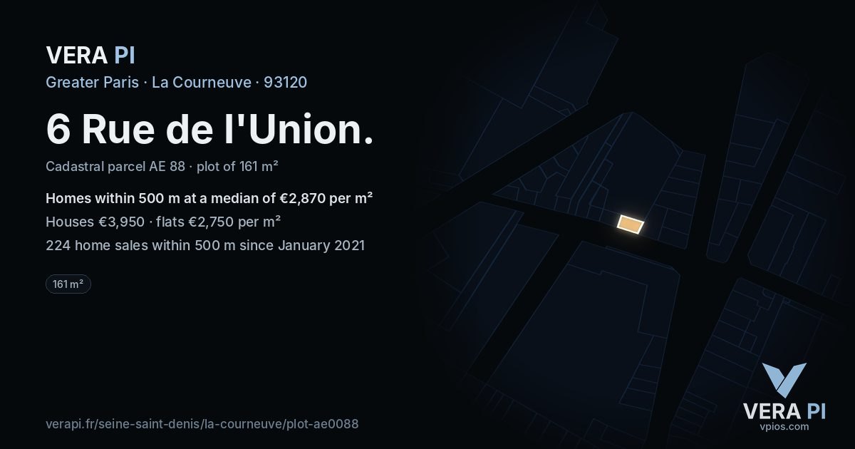 6 Rue de l'Union, La Courneuve at night – the plot lit, the parcels around coloured by the prices near them
