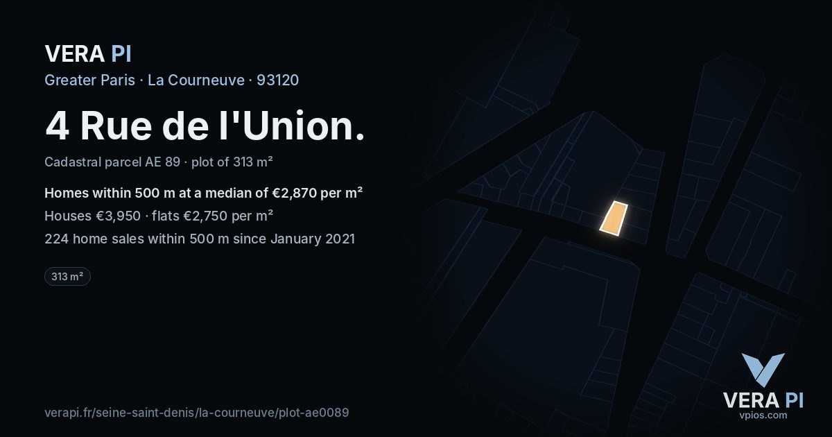 4 Rue de l'Union, La Courneuve at night – the plot lit, the parcels around coloured by the prices near them