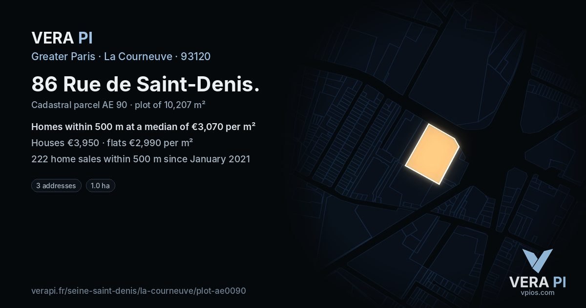 86 Rue de Saint-Denis, La Courneuve at night – the plot lit, the parcels around coloured by the prices near them