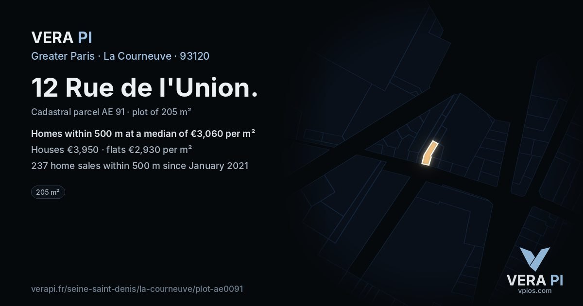 12 Rue de l'Union, La Courneuve at night – the plot lit, the parcels around coloured by the prices near them
