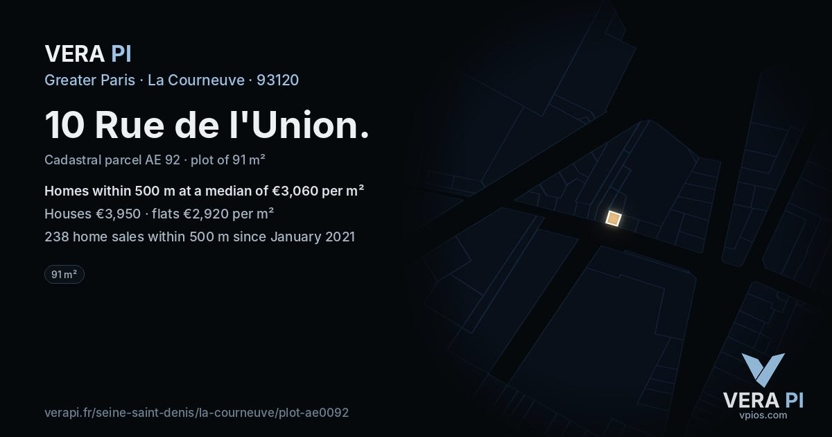 10 Rue de l'Union, La Courneuve at night – the plot lit, the parcels around coloured by the prices near them