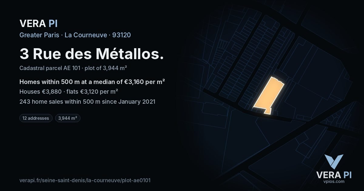 3 Rue des Métallos, La Courneuve at night – the plot lit, the parcels around coloured by the prices near them
