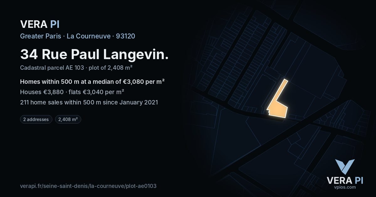 34 Rue Paul Langevin, La Courneuve at night – the plot lit, the parcels around coloured by the prices near them