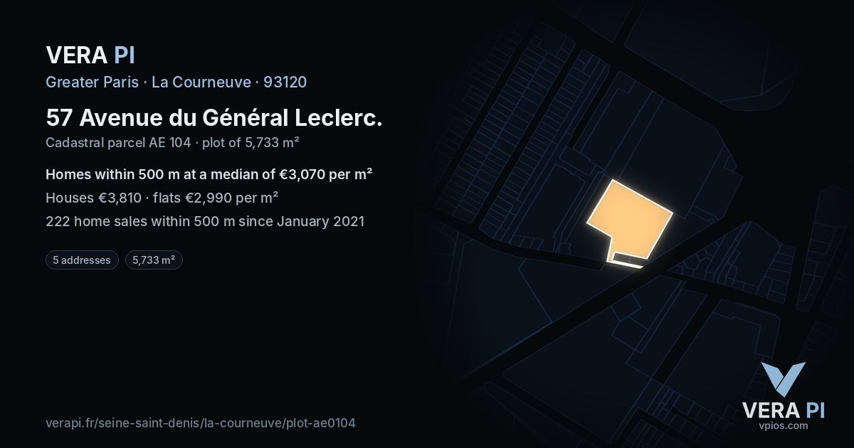 57 Avenue du Général Leclerc, La Courneuve at night – the plot lit, the parcels around coloured by the prices near them