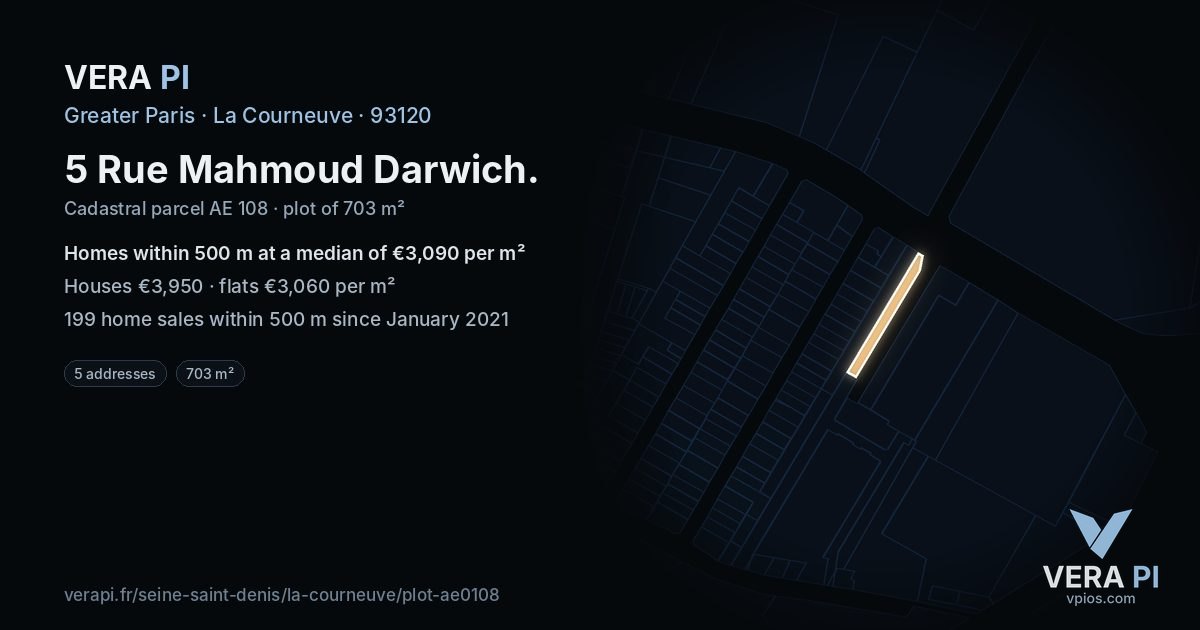 5 Rue Mahmoud Darwich, La Courneuve at night – the plot lit, the parcels around coloured by the prices near them