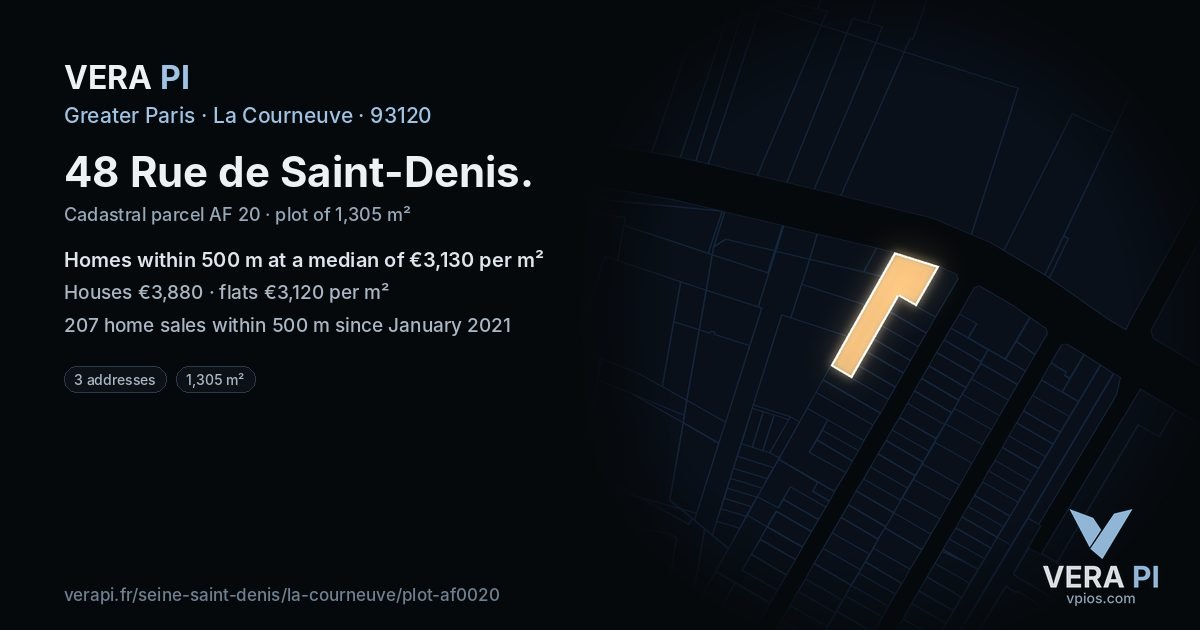 48 Rue de Saint-Denis, La Courneuve at night – the plot lit, the parcels around coloured by the prices near them