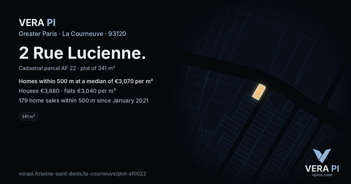 2 Rue Lucienne, La Courneuve at night – the plot lit, the parcels around coloured by the prices near them