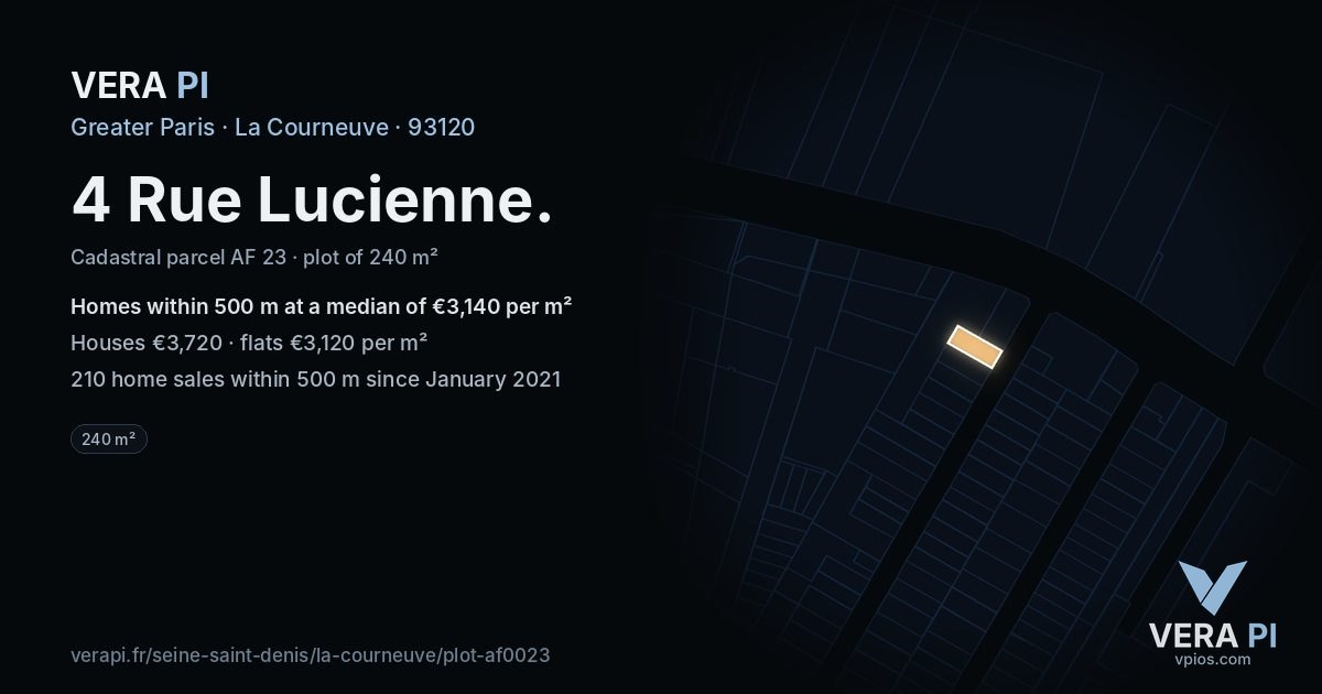 4 Rue Lucienne, La Courneuve at night – the plot lit, the parcels around coloured by the prices near them