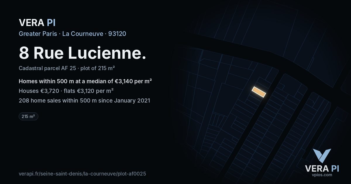 8 Rue Lucienne, La Courneuve at night – the plot lit, the parcels around coloured by the prices near them