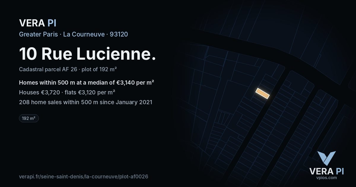 10 Rue Lucienne, La Courneuve at night – the plot lit, the parcels around coloured by the prices near them