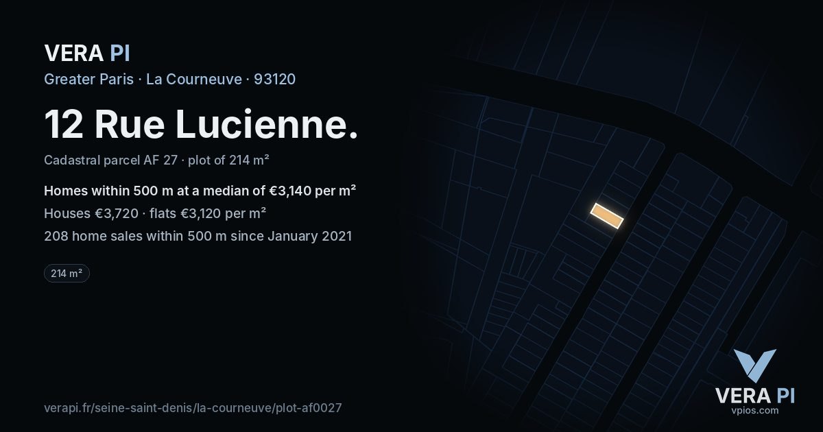 12 Rue Lucienne, La Courneuve at night – the plot lit, the parcels around coloured by the prices near them