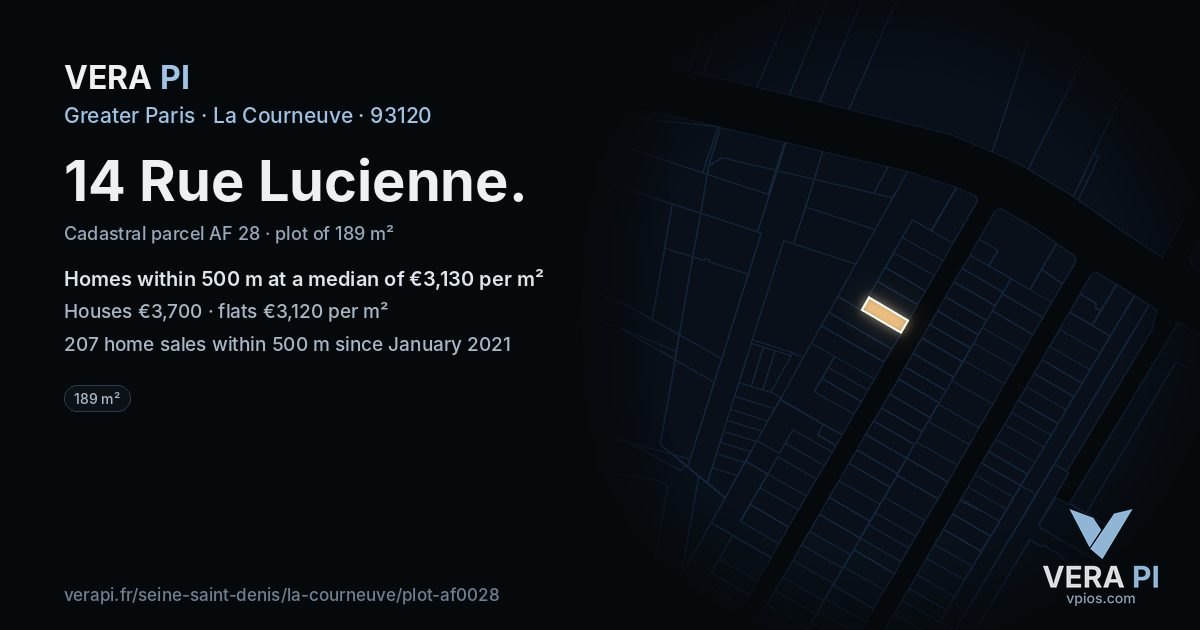 14 Rue Lucienne, La Courneuve at night – the plot lit, the parcels around coloured by the prices near them