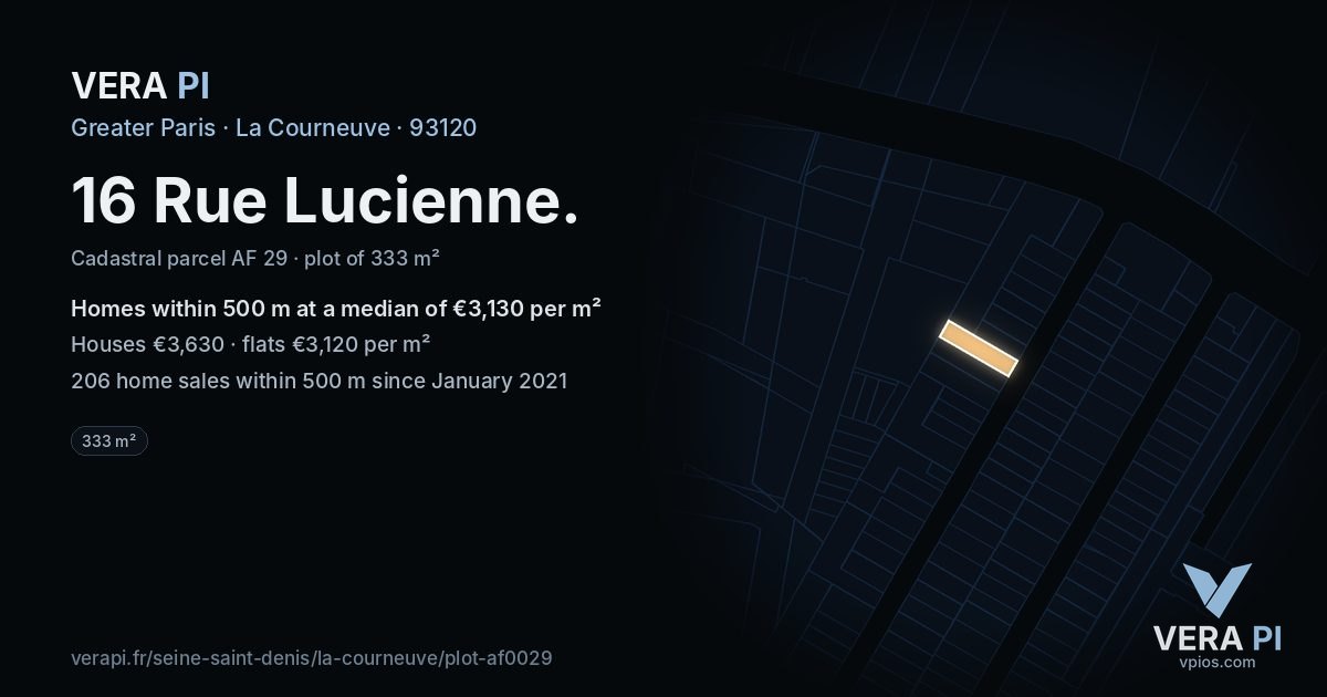 16 Rue Lucienne, La Courneuve at night – the plot lit, the parcels around coloured by the prices near them