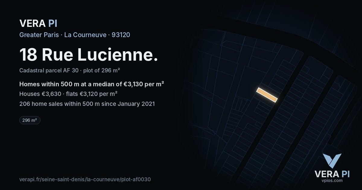 18 Rue Lucienne, La Courneuve at night – the plot lit, the parcels around coloured by the prices near them