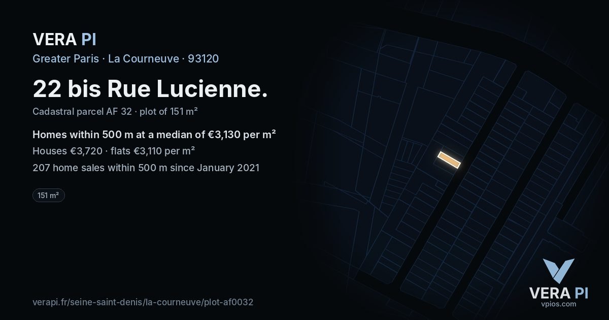 22 bis Rue Lucienne, La Courneuve at night – the plot lit, the parcels around coloured by the prices near them
