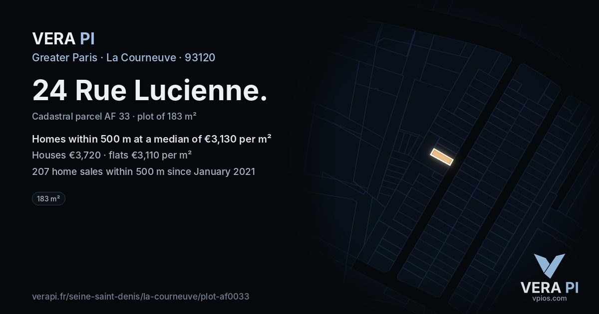 24 Rue Lucienne, La Courneuve at night – the plot lit, the parcels around coloured by the prices near them