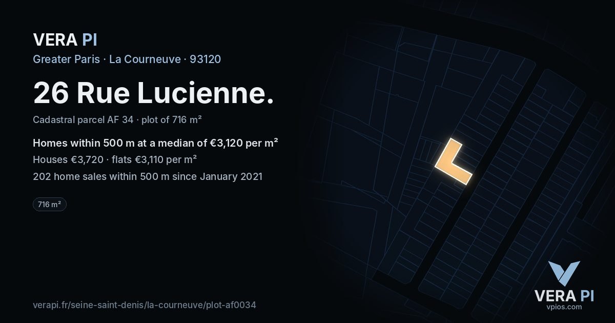 26 Rue Lucienne, La Courneuve at night – the plot lit, the parcels around coloured by the prices near them
