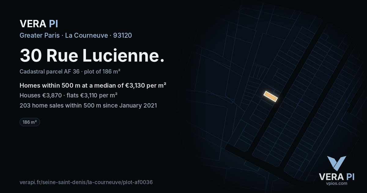 30 Rue Lucienne, La Courneuve at night – the plot lit, the parcels around coloured by the prices near them