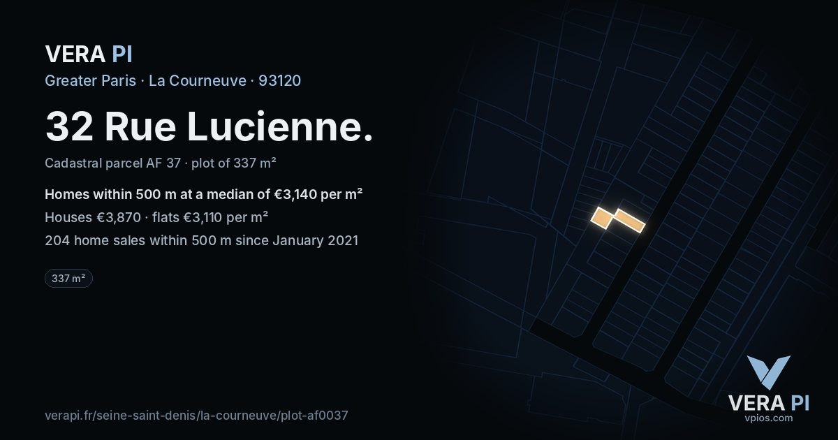 32 Rue Lucienne, La Courneuve at night – the plot lit, the parcels around coloured by the prices near them