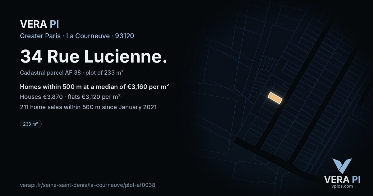 34 Rue Lucienne, La Courneuve at night – the plot lit, the parcels around coloured by the prices near them
