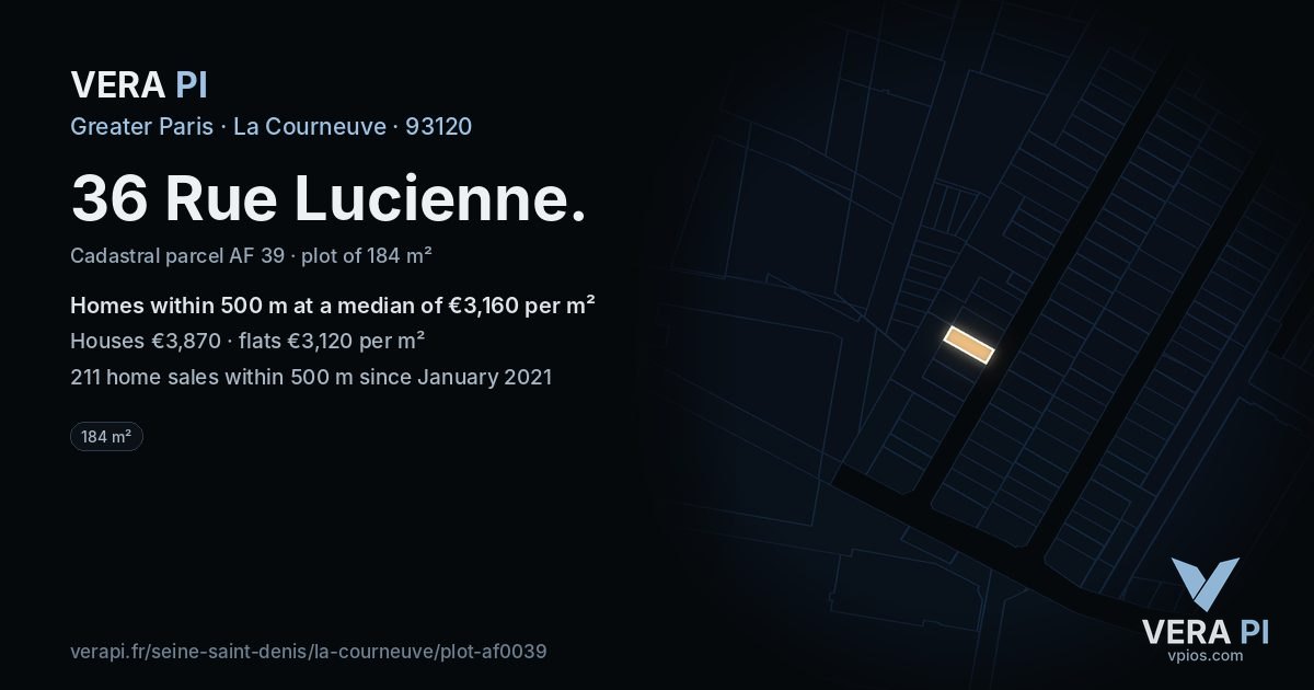 36 Rue Lucienne, La Courneuve at night – the plot lit, the parcels around coloured by the prices near them