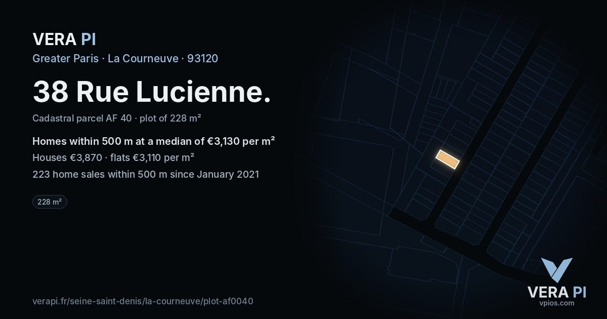 38 Rue Lucienne, La Courneuve at night – the plot lit, the parcels around coloured by the prices near them