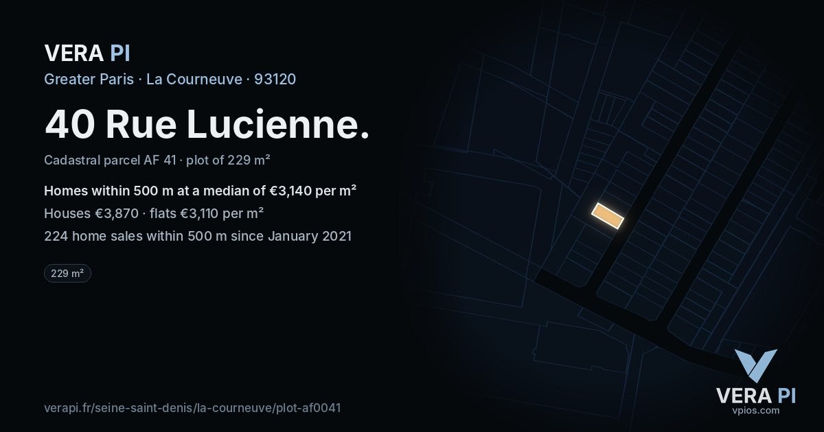 40 Rue Lucienne, La Courneuve at night – the plot lit, the parcels around coloured by the prices near them