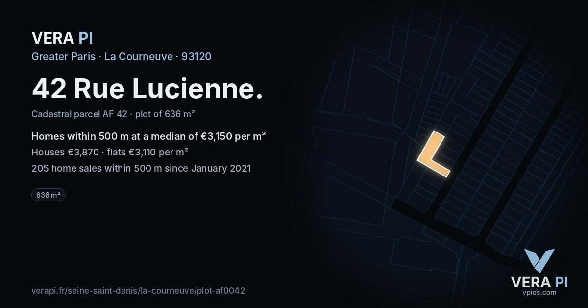 42 Rue Lucienne, La Courneuve at night – the plot lit, the parcels around coloured by the prices near them