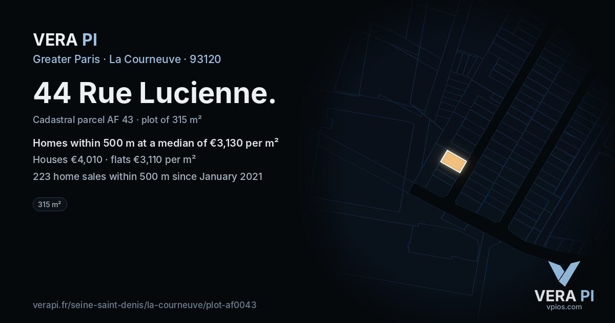 44 Rue Lucienne, La Courneuve at night – the plot lit, the parcels around coloured by the prices near them