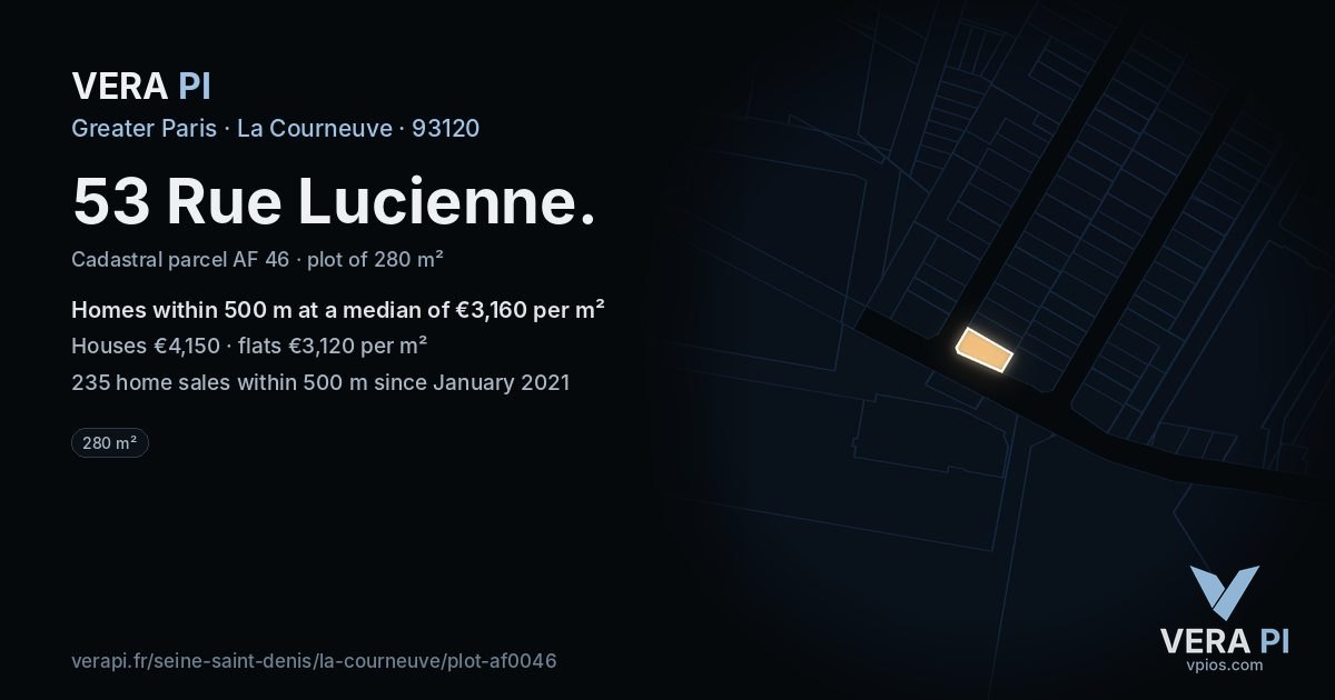 53 Rue Lucienne, La Courneuve at night – the plot lit, the parcels around coloured by the prices near them