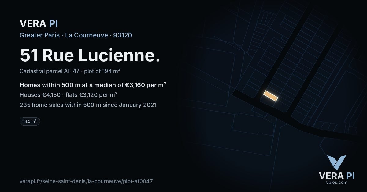 51 Rue Lucienne, La Courneuve at night – the plot lit, the parcels around coloured by the prices near them