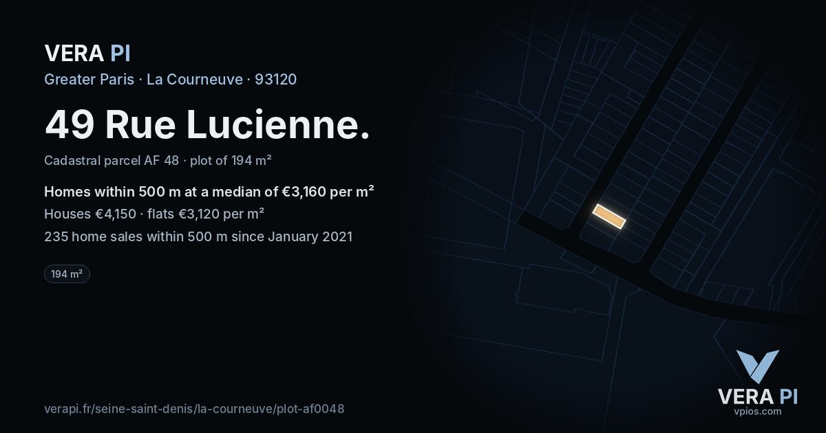 49 Rue Lucienne, La Courneuve at night – the plot lit, the parcels around coloured by the prices near them