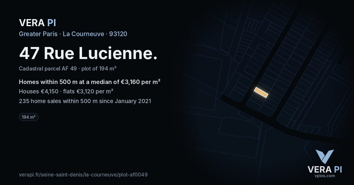 47 Rue Lucienne, La Courneuve at night – the plot lit, the parcels around coloured by the prices near them