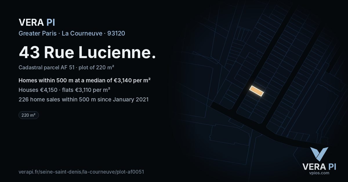 43 Rue Lucienne, La Courneuve at night – the plot lit, the parcels around coloured by the prices near them