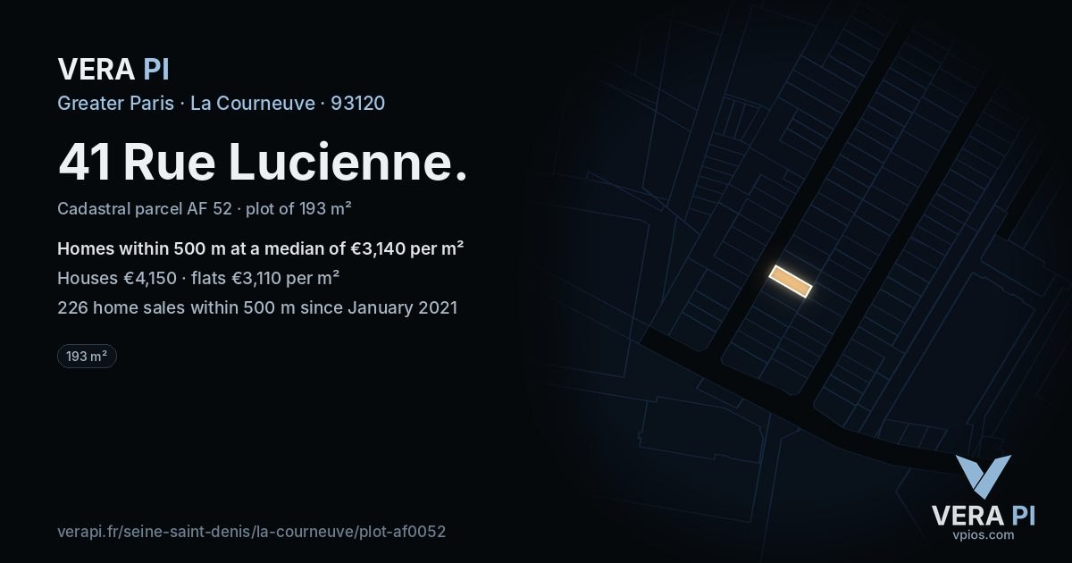 41 Rue Lucienne, La Courneuve at night – the plot lit, the parcels around coloured by the prices near them
