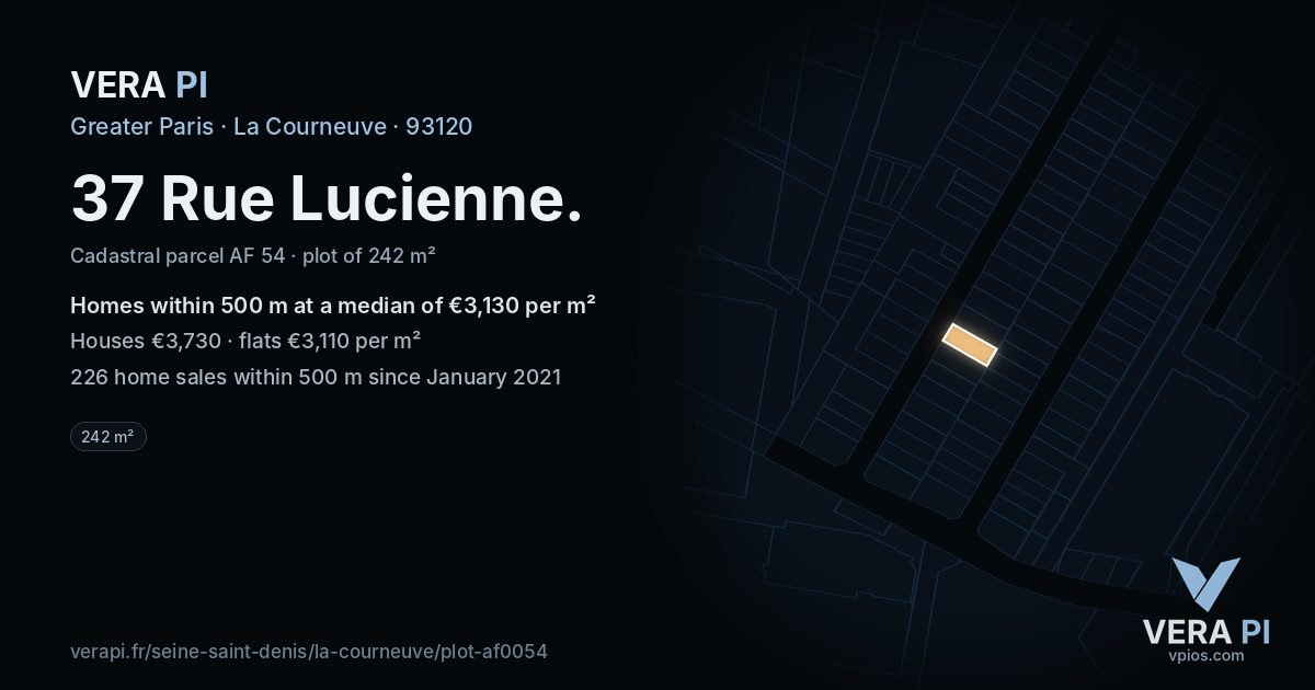 37 Rue Lucienne, La Courneuve at night – the plot lit, the parcels around coloured by the prices near them