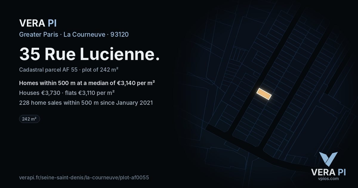35 Rue Lucienne, La Courneuve at night – the plot lit, the parcels around coloured by the prices near them