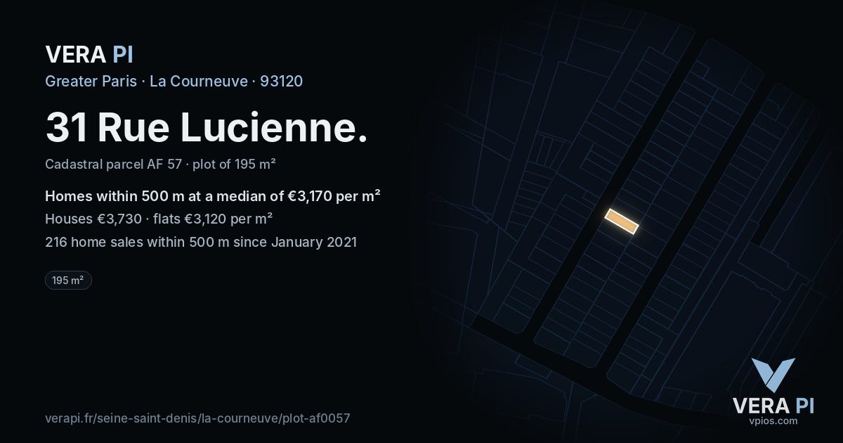 31 Rue Lucienne, La Courneuve at night – the plot lit, the parcels around coloured by the prices near them