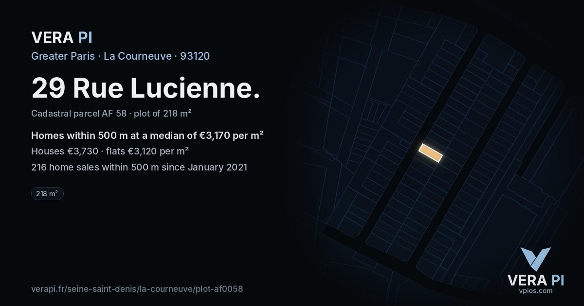 29 Rue Lucienne, La Courneuve at night – the plot lit, the parcels around coloured by the prices near them