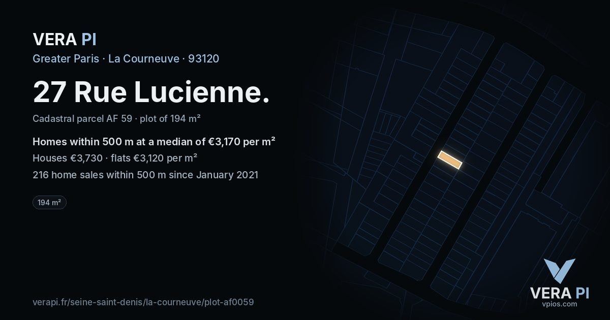 27 Rue Lucienne, La Courneuve at night – the plot lit, the parcels around coloured by the prices near them