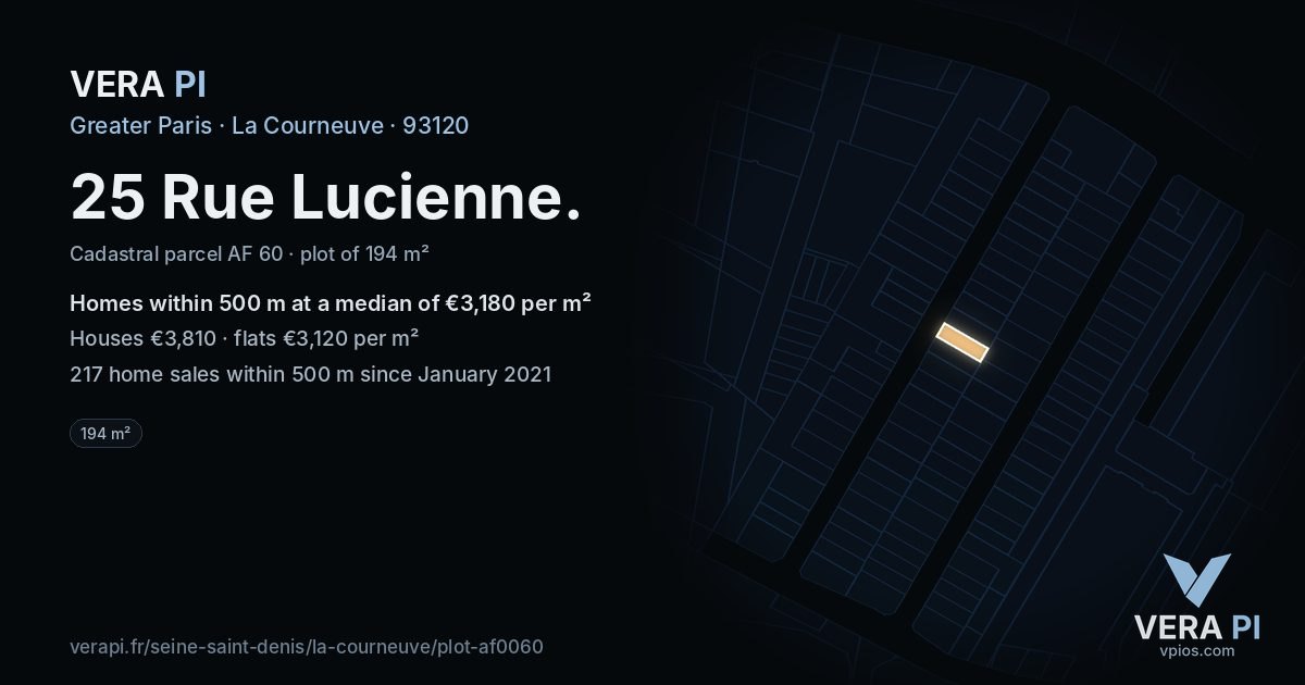 25 Rue Lucienne, La Courneuve at night – the plot lit, the parcels around coloured by the prices near them
