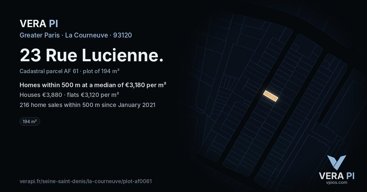 23 Rue Lucienne, La Courneuve at night – the plot lit, the parcels around coloured by the prices near them
