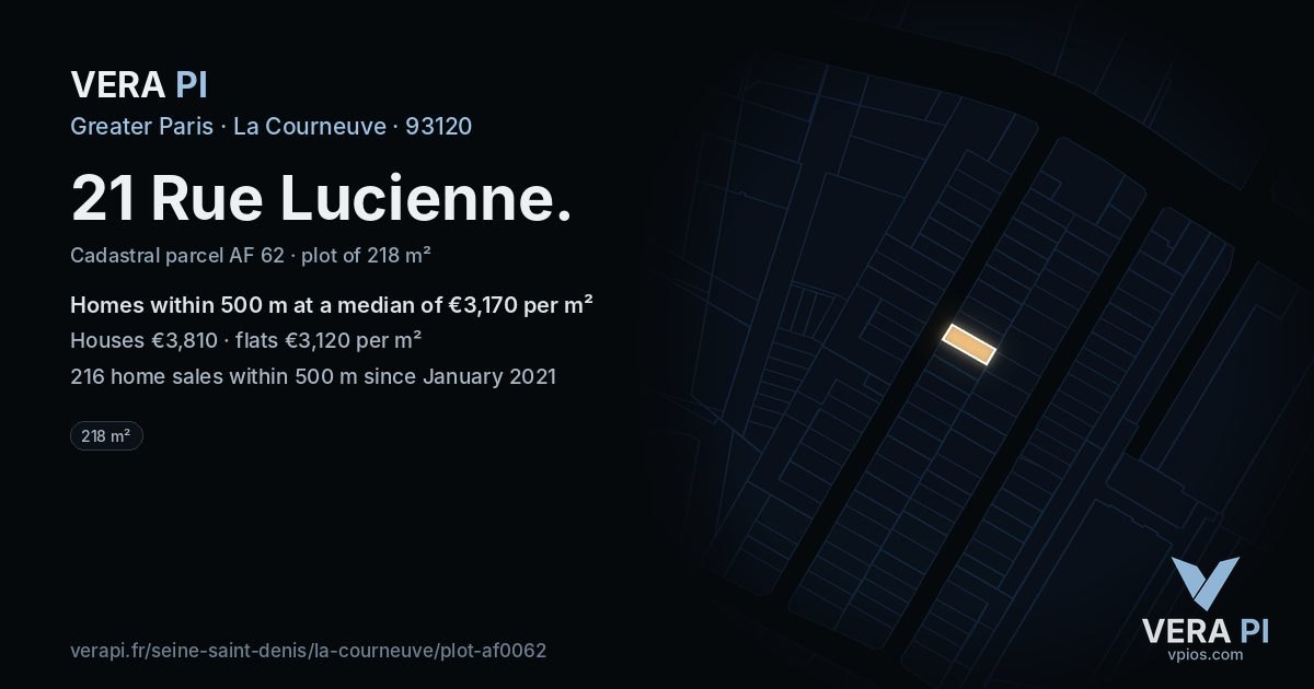 21 Rue Lucienne, La Courneuve at night – the plot lit, the parcels around coloured by the prices near them