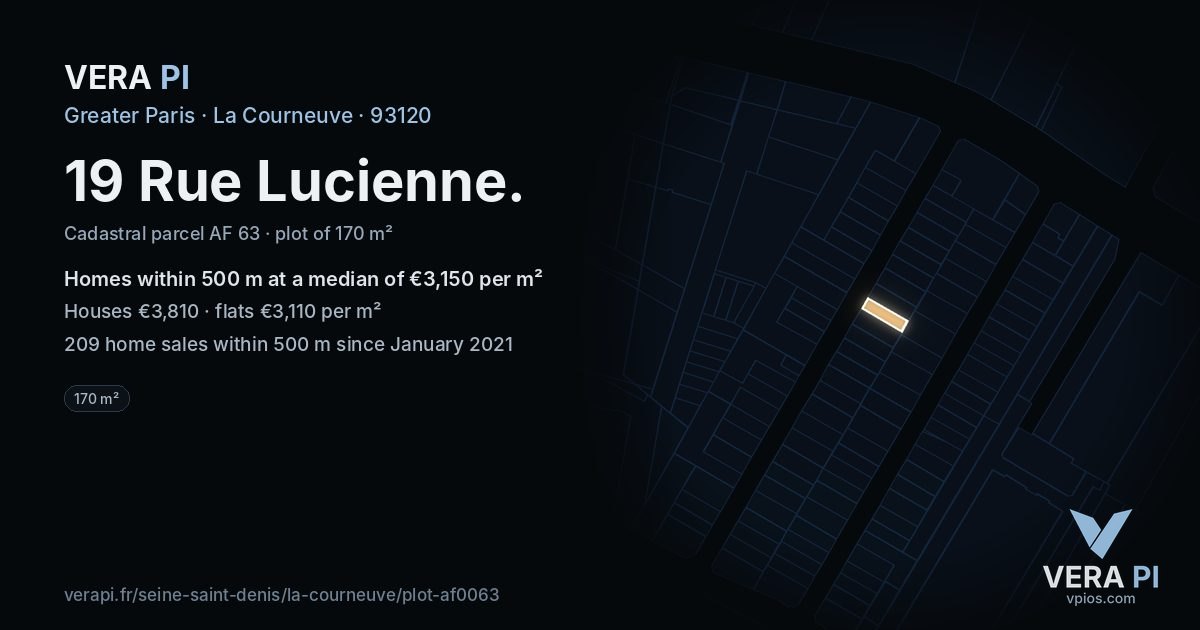 19 Rue Lucienne, La Courneuve at night – the plot lit, the parcels around coloured by the prices near them