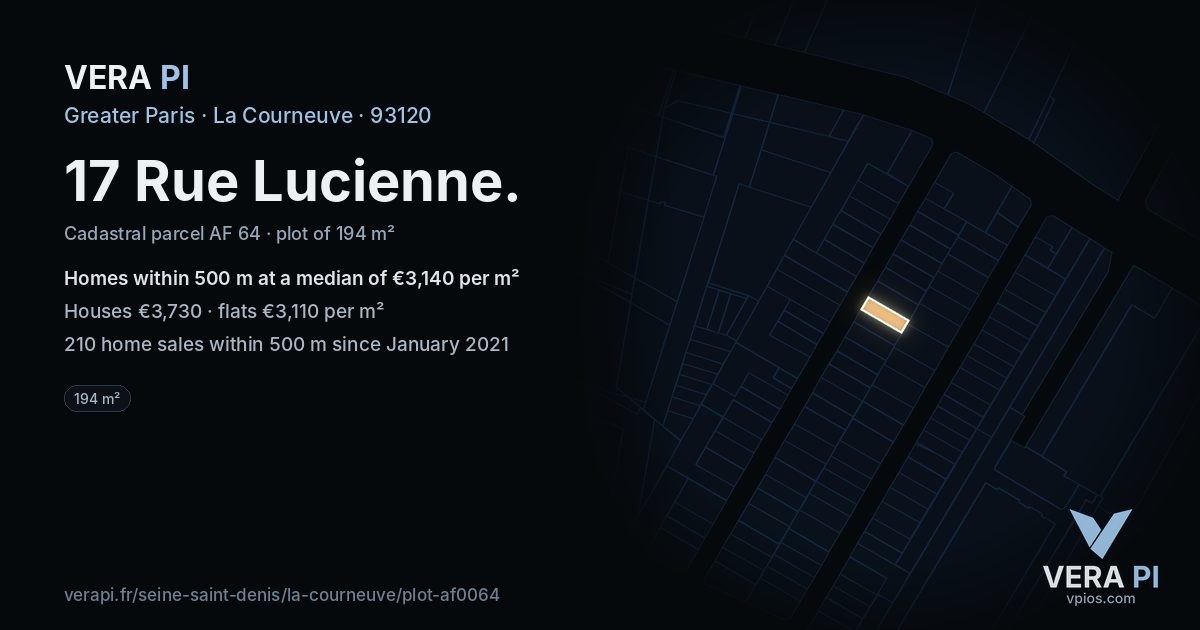 17 Rue Lucienne, La Courneuve at night – the plot lit, the parcels around coloured by the prices near them