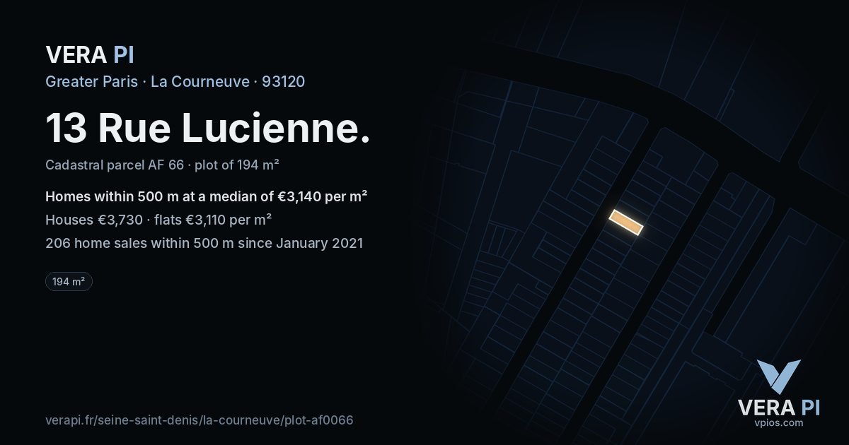 13 Rue Lucienne, La Courneuve at night – the plot lit, the parcels around coloured by the prices near them