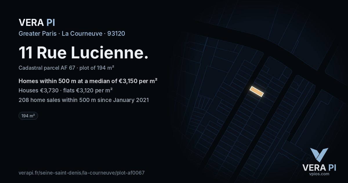 11 Rue Lucienne, La Courneuve at night – the plot lit, the parcels around coloured by the prices near them