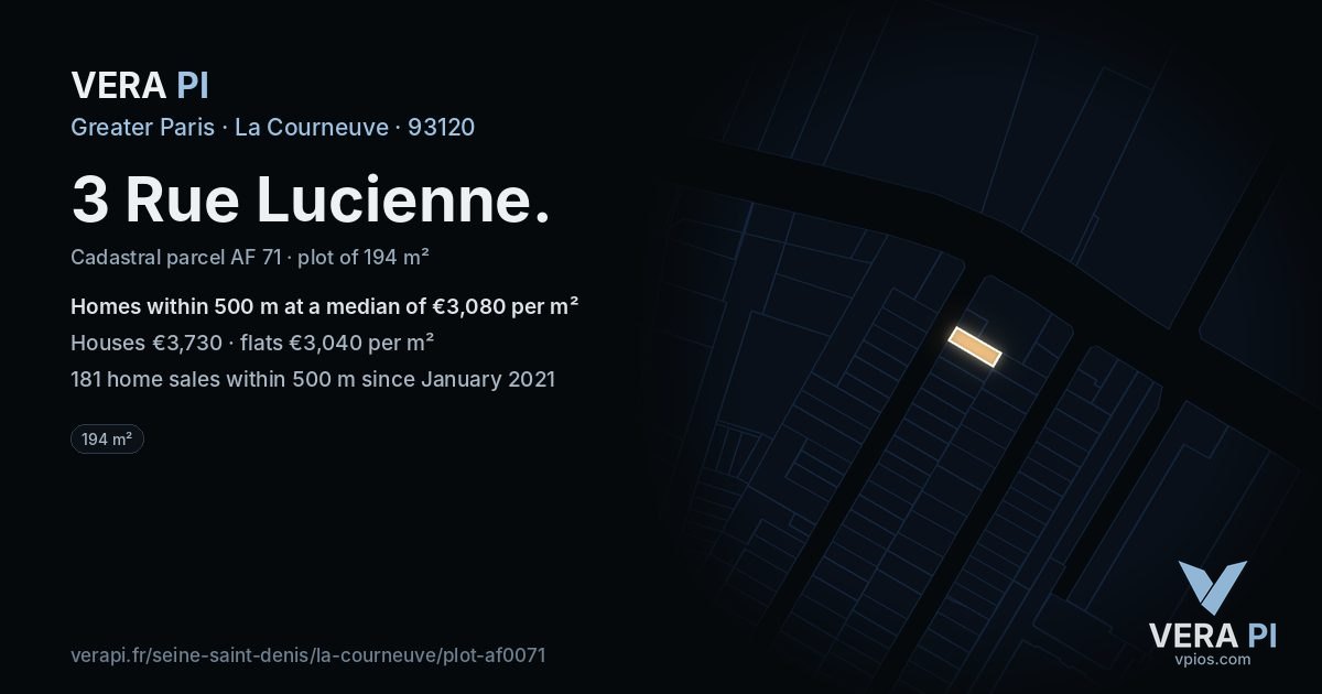 3 Rue Lucienne, La Courneuve at night – the plot lit, the parcels around coloured by the prices near them